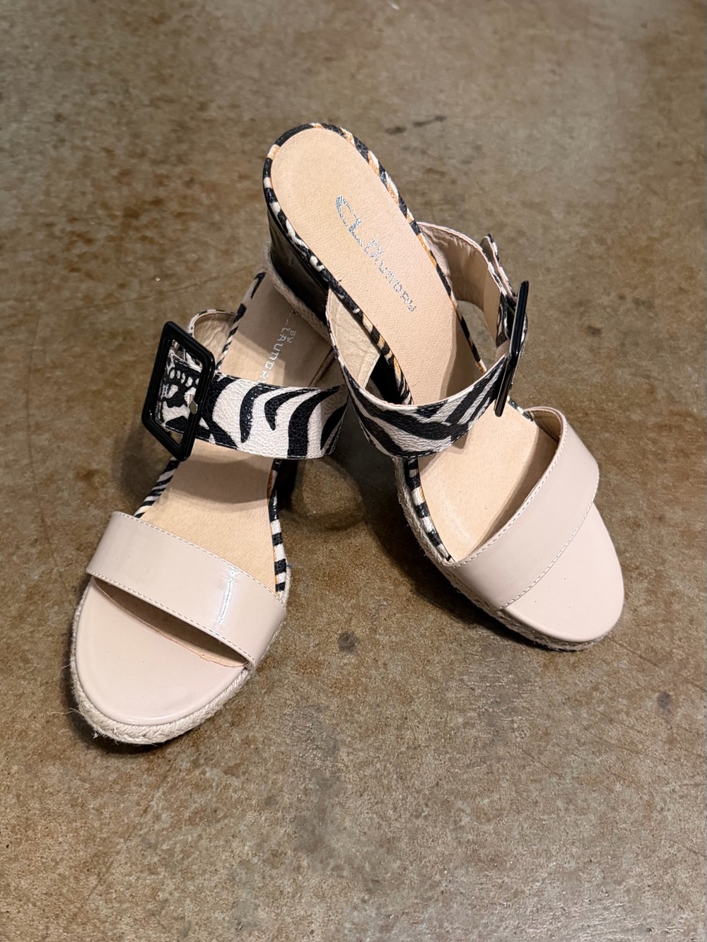 Taylor Nude Espadrille Wedge Sandals with Black & White Zebra Strap